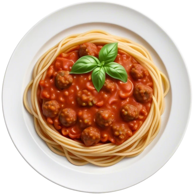 Spaghetti Bolognese on a plate,nice basil on top emoji