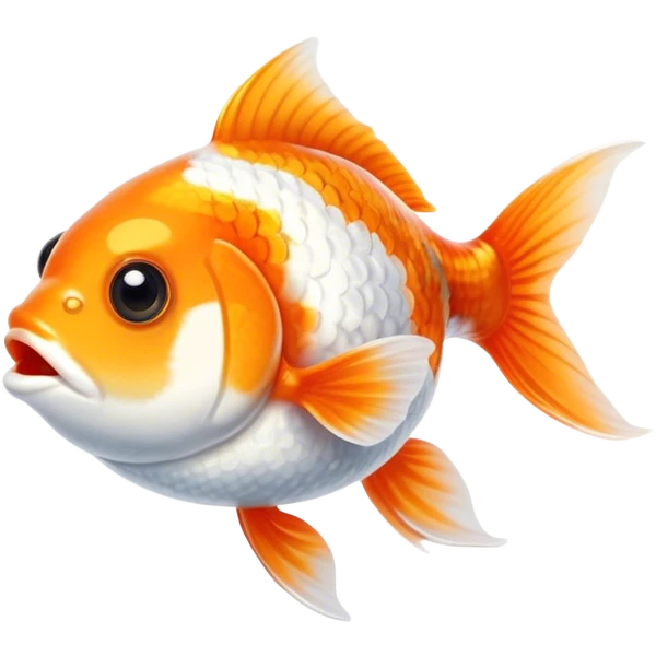 Cinematic Cute Orange and White Goldfish Portrait Emoji, Head tilted playfully and inquisitively, featuring a glossy, vibrant body adorned with a striking mix of orange and white, round, sparkling golden eyes filled with curiosity, Simplified yet irresistibly adorable features, highly detailed, glowing with a warm, friendly glow, high shine, affectionate and lively, stylized with a touch of whimsy, bright and endearing, soft glowing outline, capturing the essence of a mischievous yet loving goldfish, so playful it feels like it could swim out of the screen and into your heart! emoji