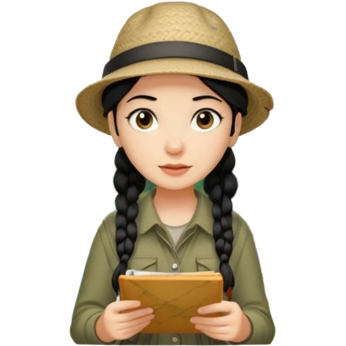 A braid black hair backpacking woman checking her map with curious eyes while wandering in the woods with camping hat emoji