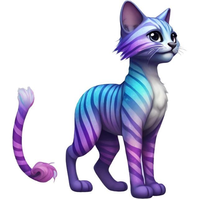 Colorful vernid fantasy creature LiLaiRa Kamirah Falvie whiskers paws full body sparkle purple blue gradient stripes braided tail feline emoji