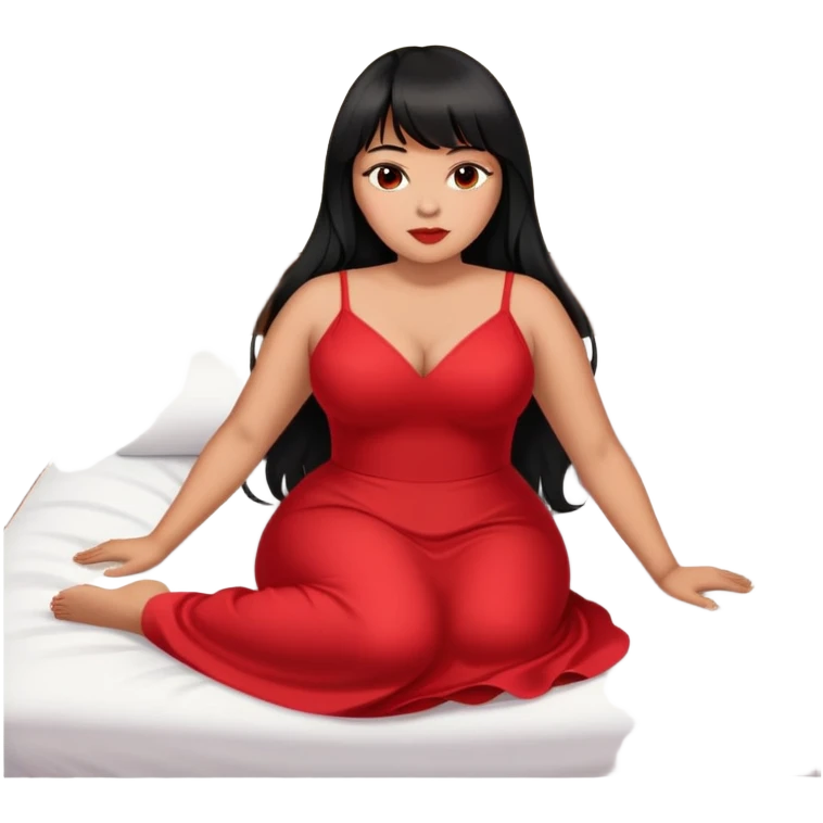 Latina medium skin tone with bangs black long hair plus size sexy red dress laying down in bed emoji