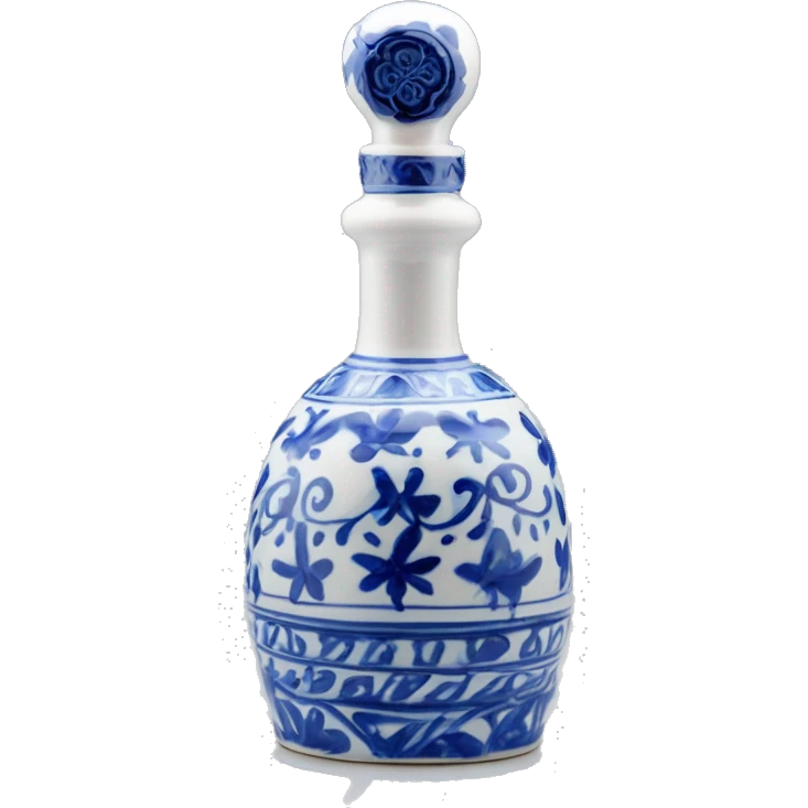 The Clase Azul Tequila bottle is tall and hourglass-shaped, with a wide base that tapers towards the neck. Its white ceramic body is decorated with cobalt blue floral designs, and it’s topped with a gray, bell-shaped stopper that curves inward. emoji