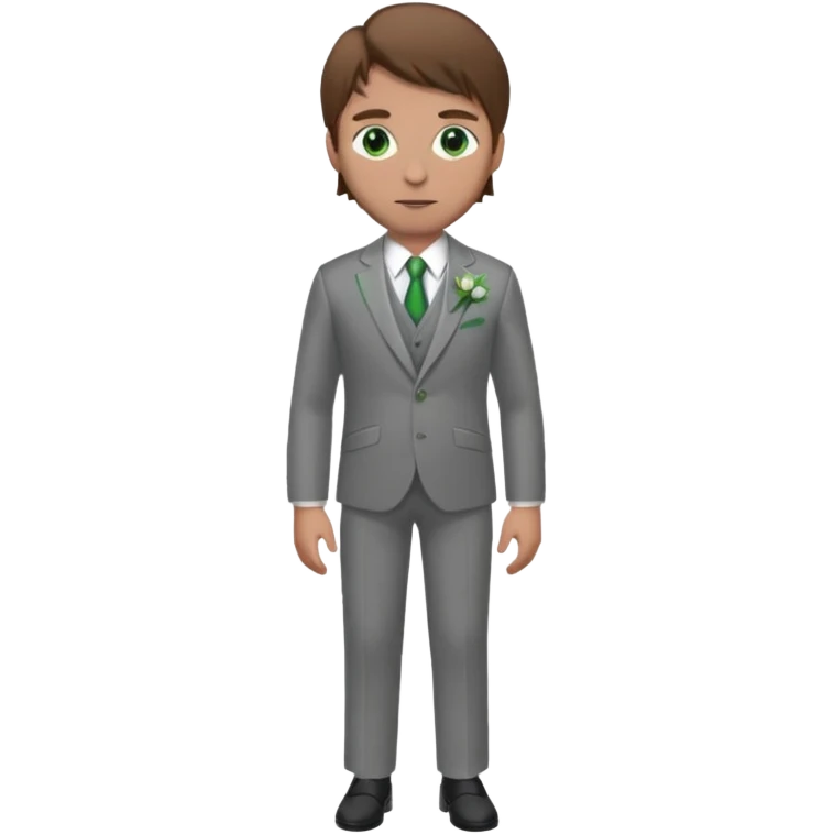 Chico blanco, pelo castaño, ojos verdes, traje boda gris y flor solapa , cuerpo entero emoji