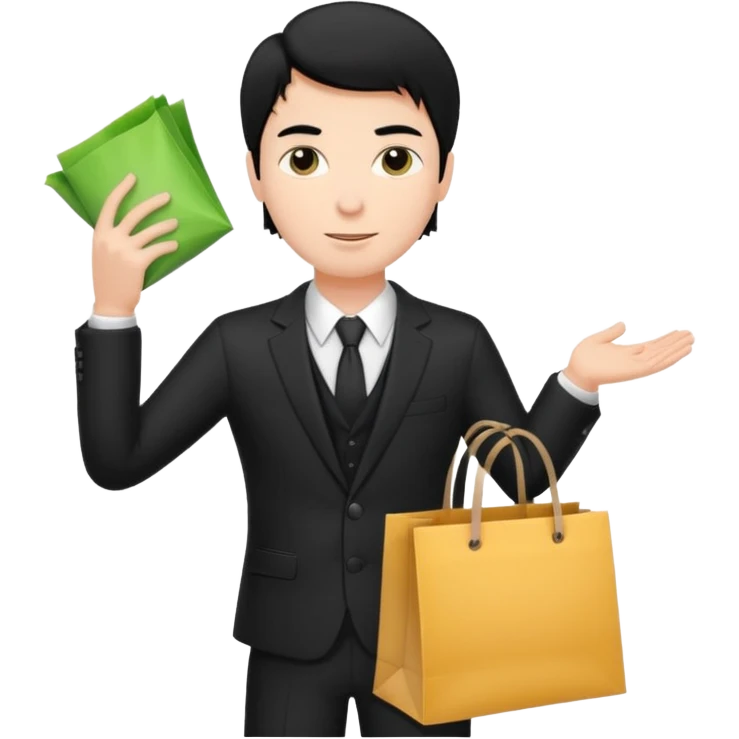 a white elegant man black hair in a black suit with clothing shopping bag emoji