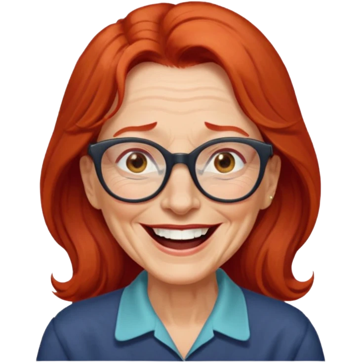 obese; older 50's ; long red hair ; women hazel eyes; glasses ; laughing emoji