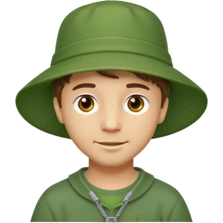 A light-skinned man with short brown hair, golden-brown eyes, and a soft smile, wearing a wide-brimmed green bucket hat. emoji