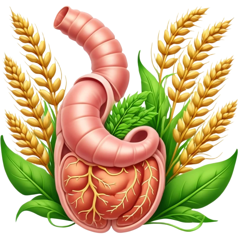 Human digestive system with esophagus, stomach, intestines, and colon, surrounded by golden wheat ears and green leaves, with glowing healing particles flowing through the digestive tract emoji