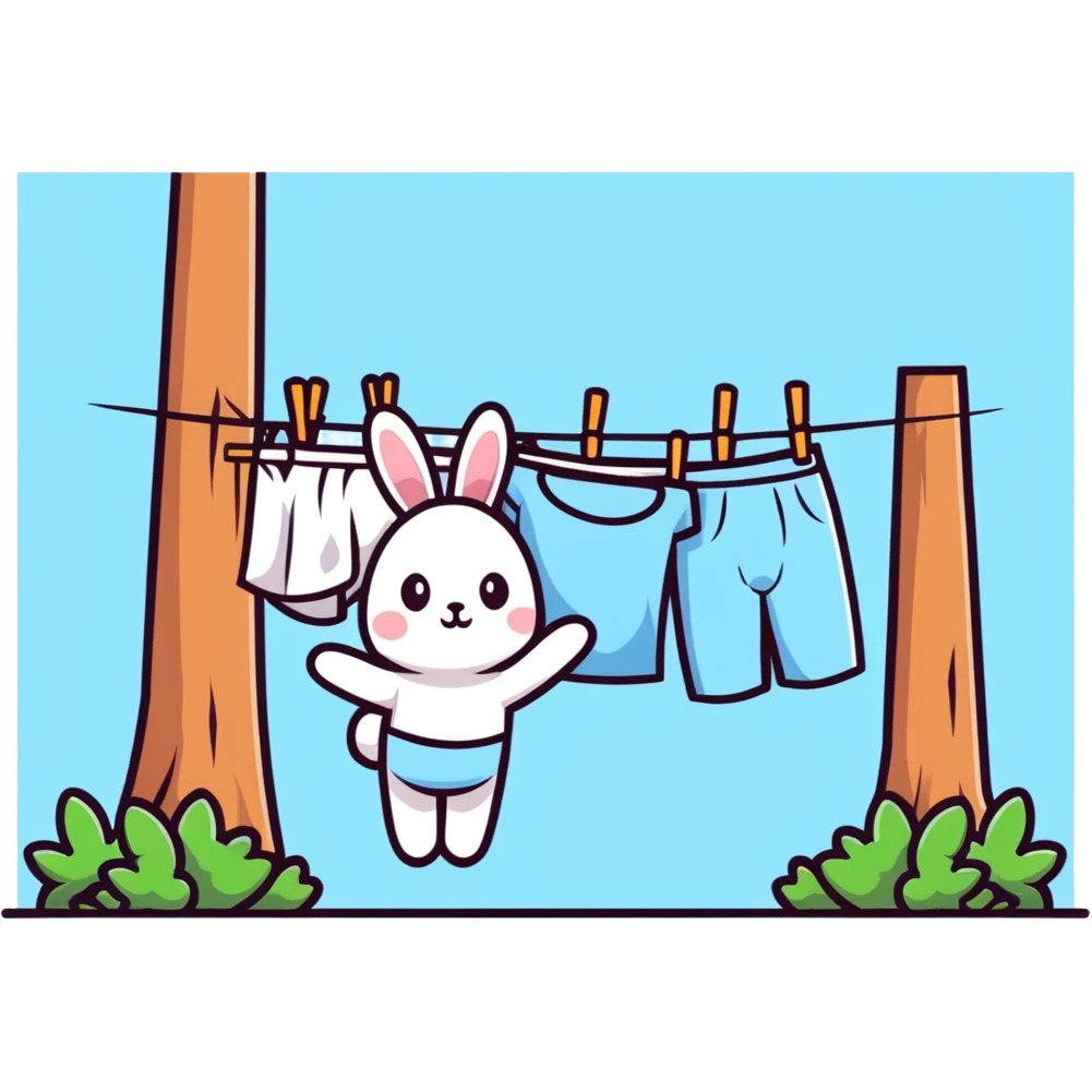 bunny hanging laundry between trees, calming domestic forest feel emoji