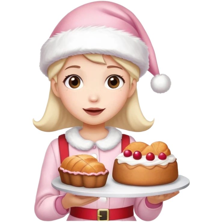 girl wearing light pink santa hat,having cute cake and bread emoji