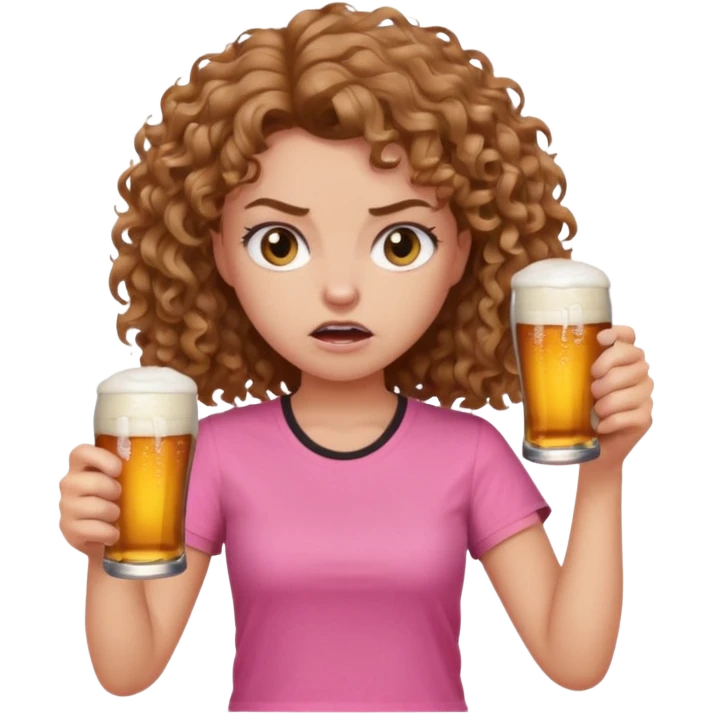 Girl with long light brown curly hair and pink t-shirt with beers on hand and angry face emoji