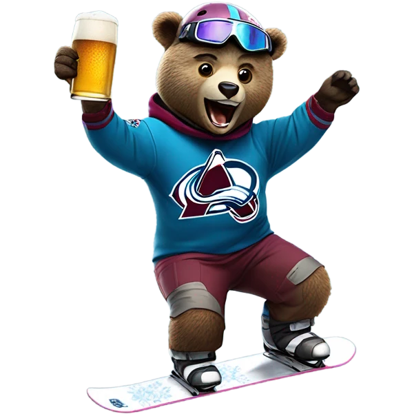 snowboard bear wearing helmet and goggles in colorado avalanche jersey doing insane tricks while holding a beer emoji
