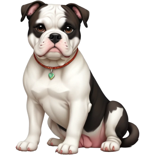 cinematic-[american bulldog]-realistic-full-body-sitting-emoji,-tail-resting-loosely-beside-its-paws,-head-tilted-dramatically,-sleek-[pied black]-fur,-simplified-yet-realistic-focused-features,-highly-detailed,-glowing-with-an-almost-sarcastic-glow emoji