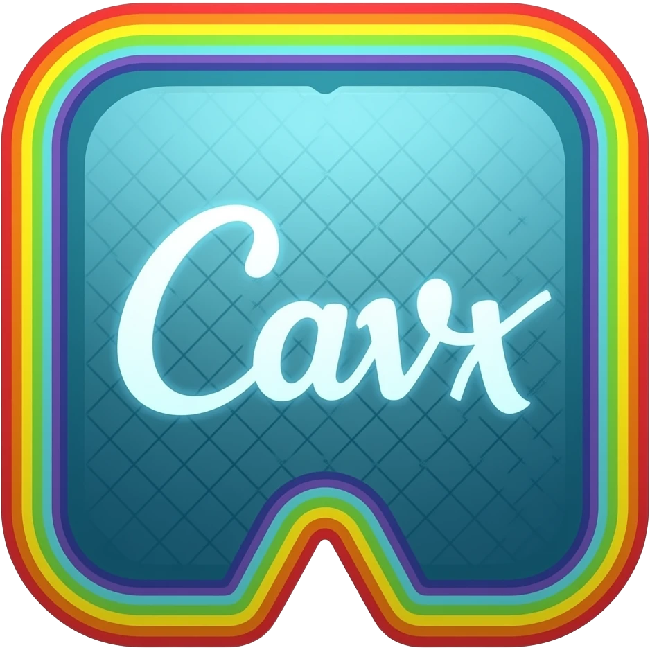 Canva logo in neon blue and deep teal  in 3d style with all colors of the rainbow as a border outlined around each letter, isolated, 3d rendering, no emoji icons no emoji faces and must have no human figures emoji