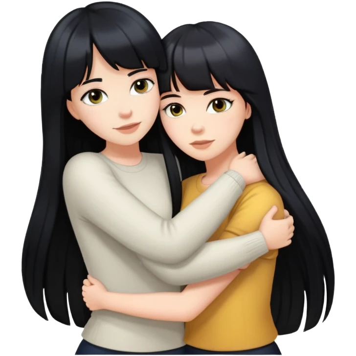 a white girl with black long hair and bangs hugging another white girl with long black hair emoji