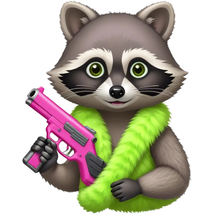 Raccoon wearing a lime green boa holding a pink gun emoji