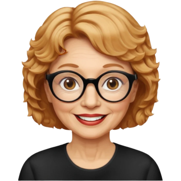 woman 70 years old, very short strawberry blonde weavy hair, brown eyes and round dark glasses smile emoji