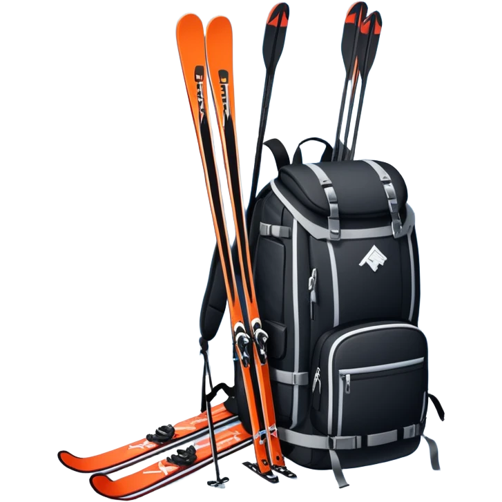 An icon showing a close-up of a biathlon backpack, a pair of skis, and a biathlon rifle resting against snow. In the background, a beautiful winter landscape with snowy trees and mountains under a clear sky. Transparent background reflects the sport’s precision and rugged endurance. emoji