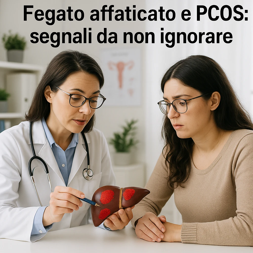 clinical scene, doctor showing a woman with PCOS an anatomical model of the liver with red zones, prevention atmosphere, Italian text: 'Fegato affaticato e PCOS: segnali da non ignorare', 4K quality emoji
