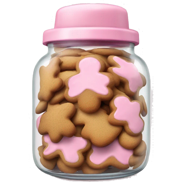 Realistic glass cookie jar with light pink lid full of gingerbread cookies isolated.  emoji