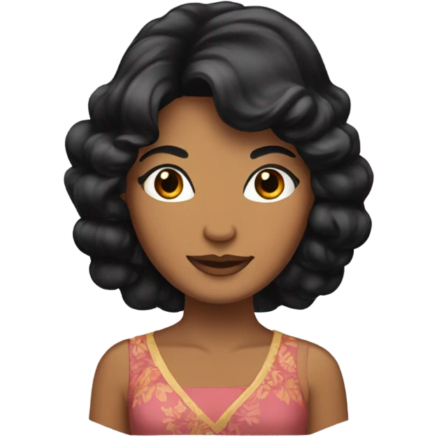 Tanned woman with black hair wearing 1970s style dress and hair emoji
