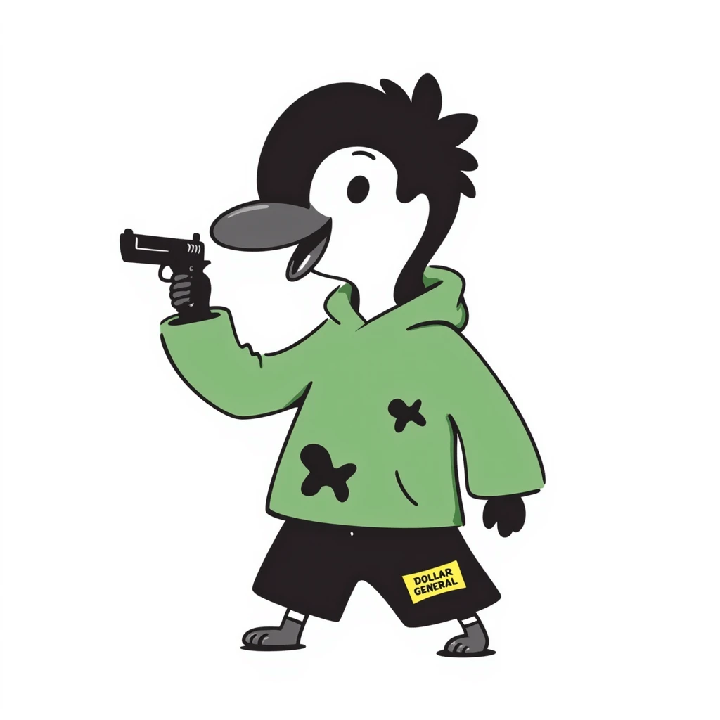 A cute but tough half-dolphin half-penguin thug holding a small gun, wearing a green hoodie with blood stains and Dollar General branded shorts emoji