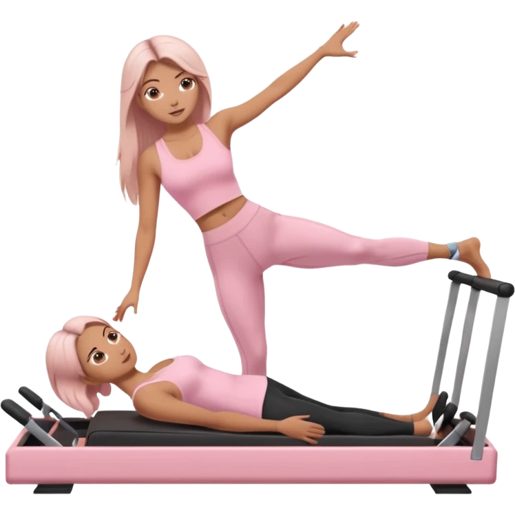 a girl doing reformer pilates, she is wearing a pastel pink fit and she has dark straight and loose hair.  emoji