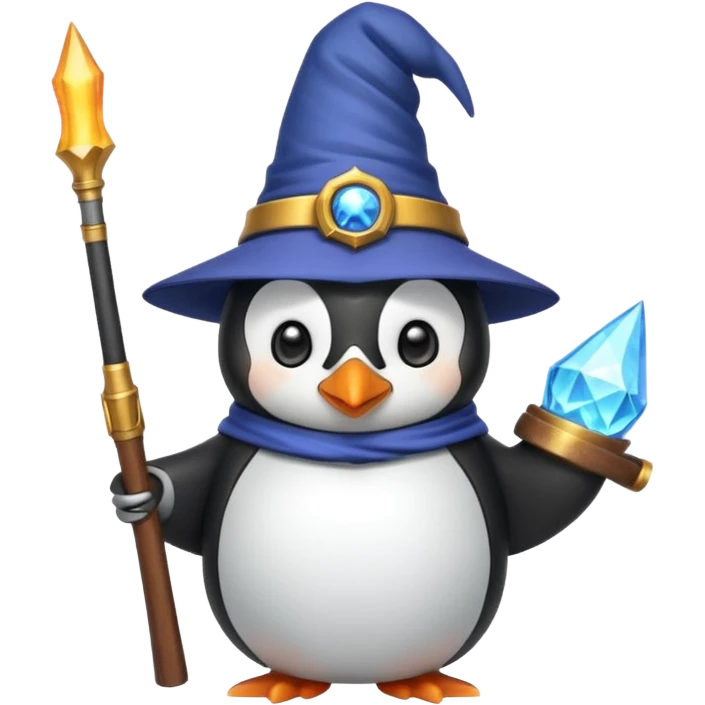 A cute penguin funny with a wizard hat, and a shotgun emoji