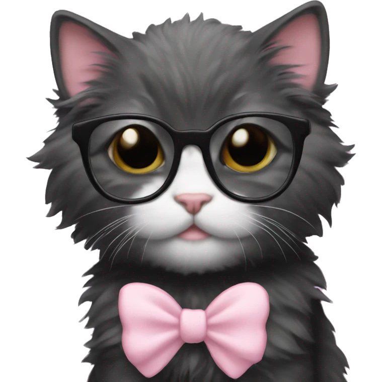 fluffy black kitten nerd with glasses and light pink bow emoji