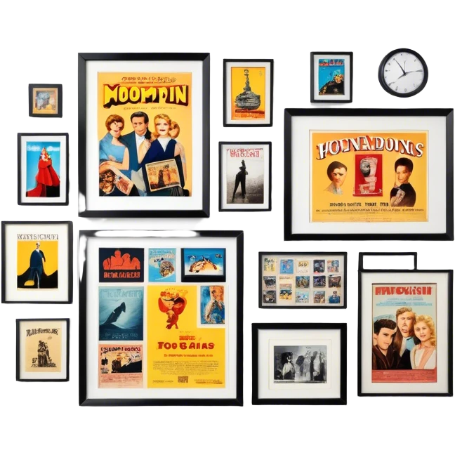Icon for Photograph and Poster Collecting: a collection of photographs and movie posters, neatly displayed on a wall or in frames. The icon should evoke the nostalgia and artistic value of collecting rare images and posters. Transparent background. emoji