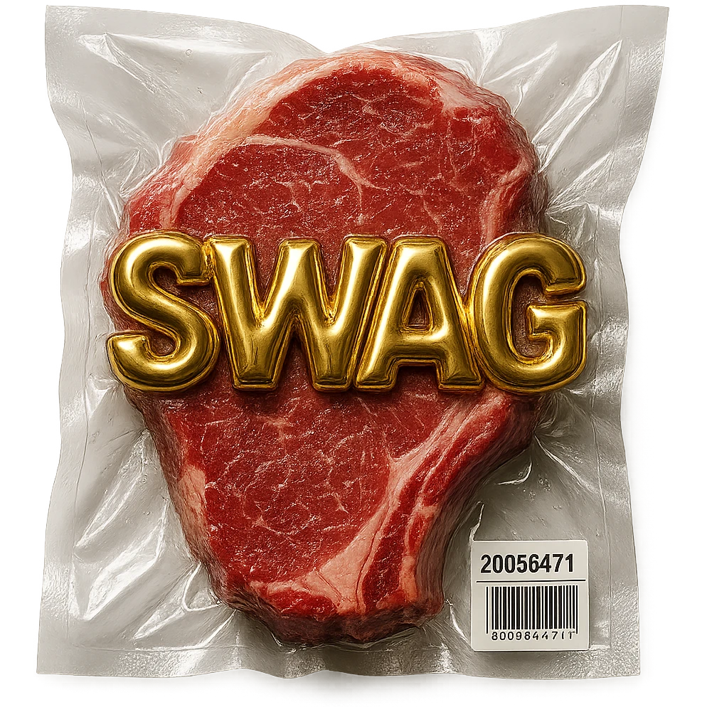 steak with gold block letters 'SWAG', shiny and inflated, vacuum-sealed style emoji