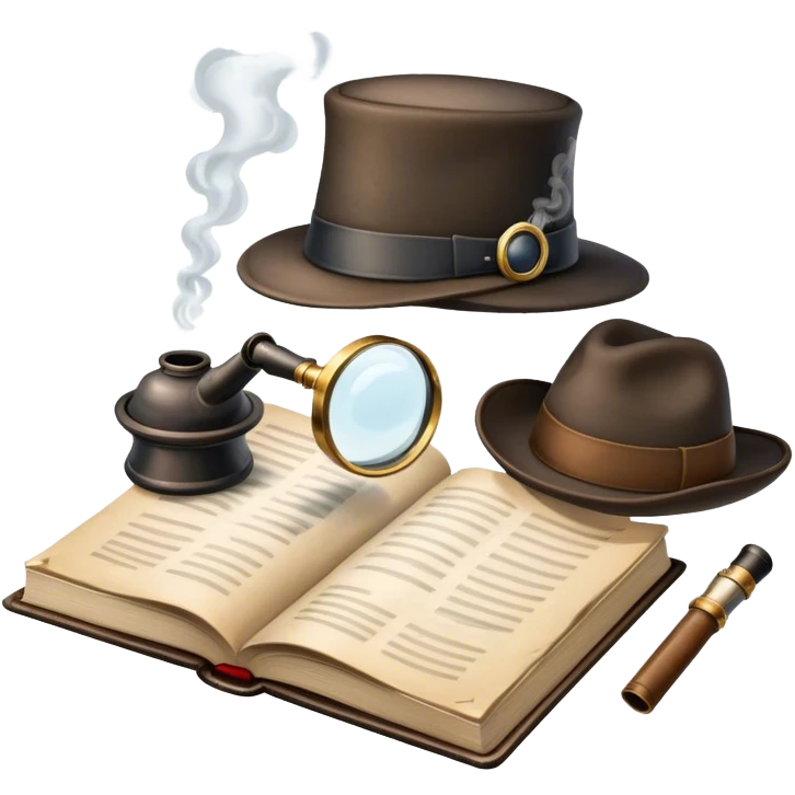 Icon for Detective Reading: an open book with a magnifying glass, a detective’s hat, and a notebook with clues, surrounded by dark shadows and mysterious elements like footprints and a smoking pipe. Transparent background. emoji
