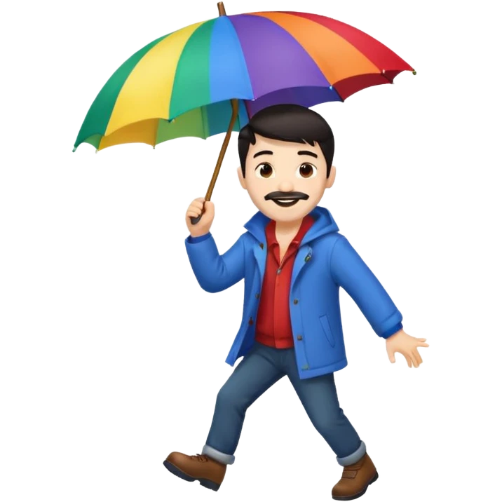 A dark-haired boy with a white beard dancing with an umbrella in the rain emoji