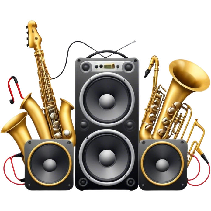 Icon for R&B Music Listening: large concert speakers and headphones with waves of musical notes coming out, along with drums, bass guitar and saxophone. The icon should convey the energetic and rhythmic vibe of R&B music. Transparent background emoji