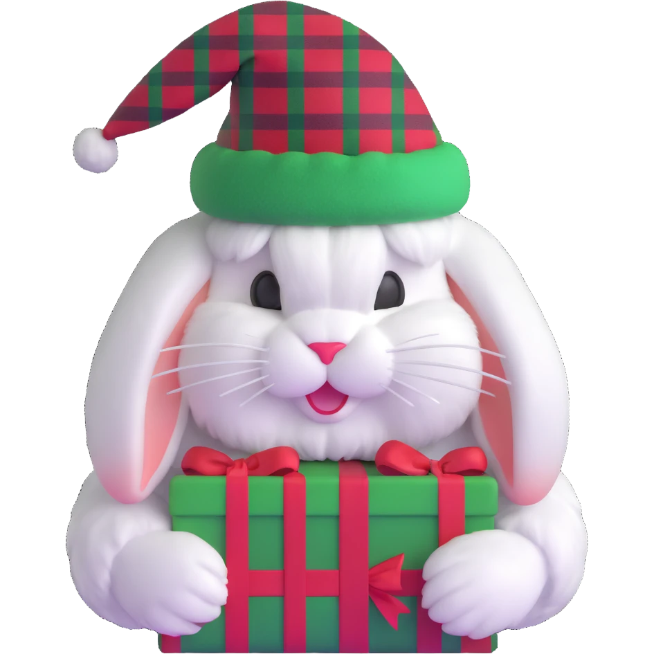 fluffy white angora rabbit wearing red and green plaid Christmas hat held in hands emoji