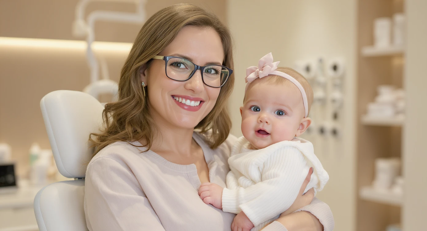 Cinematic still, Proffesional advertising of a smiling european white woman with glasses smiling holding baby, minimalistic ophthalmologist interior in background, leading  lines, "rule of thirds", 60/30/10 colors, soft light, warm colors emoji