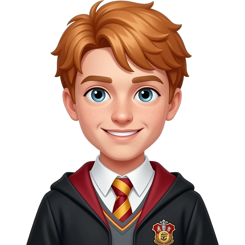 wizard young man, 20-21 years old, ginger hair, light freckles, smug grin expression, wearing school robe and tie, gold and red colors, head-and-shoulders portrait, centered, 3D glossy emoji style, clean background emoji