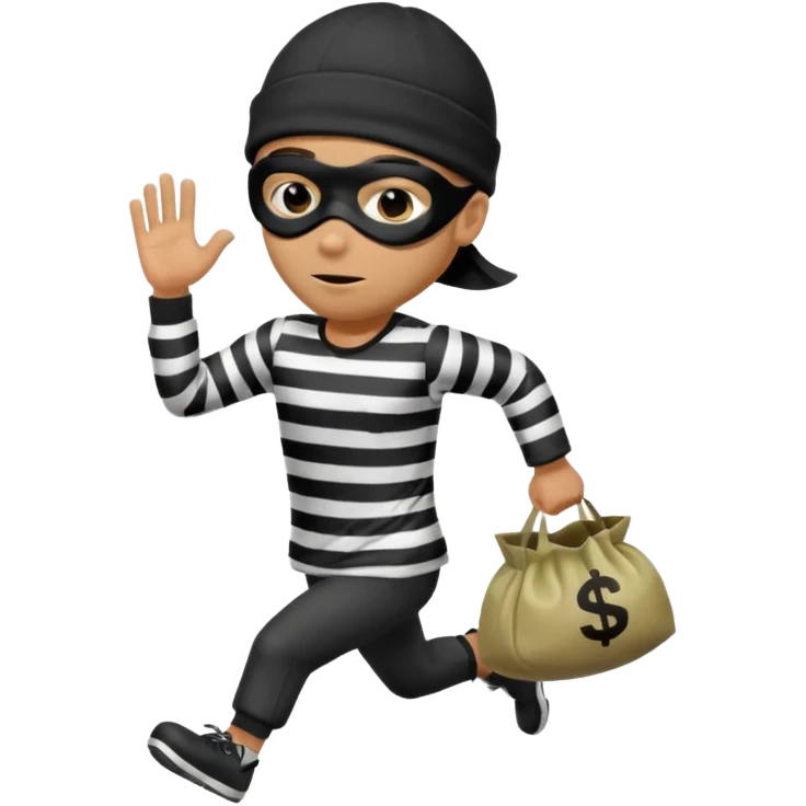 running robber wears black eye mask, black beanies and black and white stibes shirt with one brown money bag beside him emoji