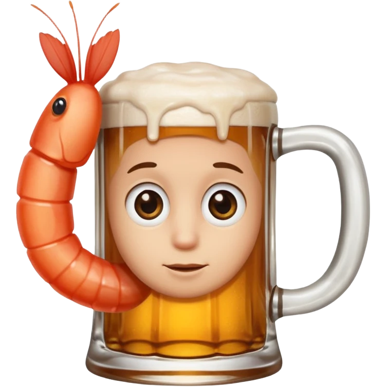 Genérame un camarón con su tarro en mano de cerveza moderna, asomándose por un costado con cara de curiosidad  emoji