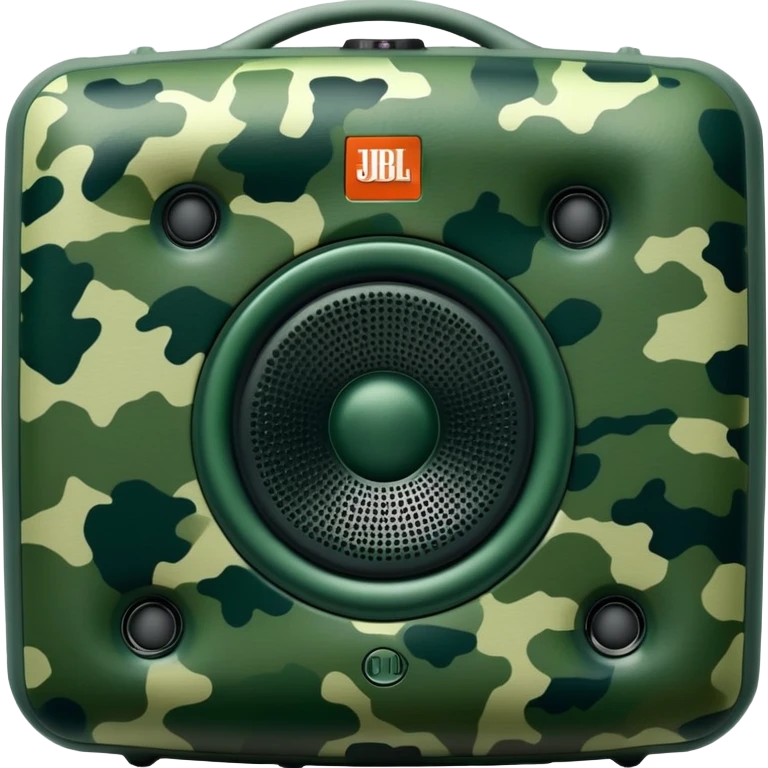 Simple JBL Clip 4 speaker with forest green camouflage pattern, light and dark green spots, iOS emoji style emoji