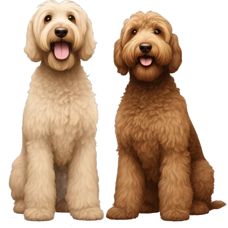 1 tan color and 1 dark brown color labradoodles standing next to each other  emoji