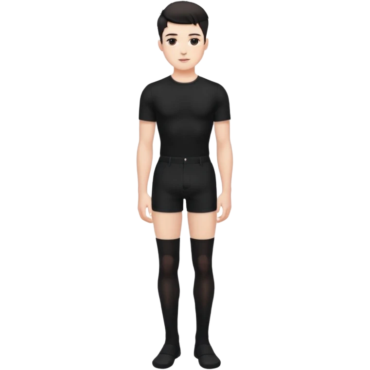 Male in his 20s, clean shaven, feminine look, wearing black thigh highs, black crops, black feminine shorts, is a femboy.   emoji