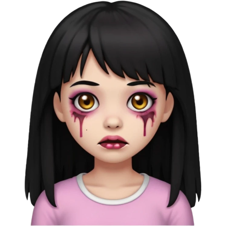 light-skinned Black zombie girl emoji, black eyes, long black hair with bangs, light pink blouse, scar on cheek emoji
