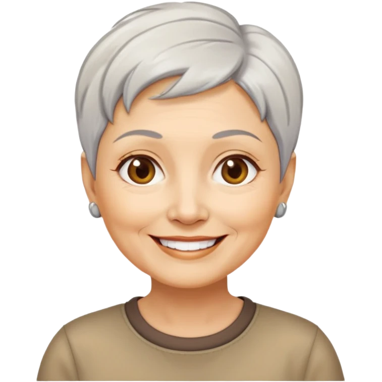 Bà lão 60 tuổi, da vàng, mặt tròn, tóc ngắn màu bạc, mặt cười tươi vui vẻ, áo nâu emoji
