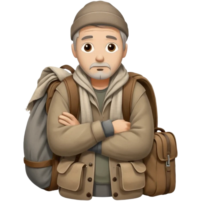 A homeless man wrapped in an old blanket, holding a backpack filled with his belongings, expression calm but weary.
 emoji