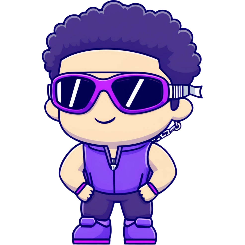 male athlete with white skin and moderately curly black hair on top with shaved sides, wearing ski goggles with purple frames and very dark black lenses, a simple plain black chain necklace, and an open shiny purple vest showing his chest and abs, no earrings emoji