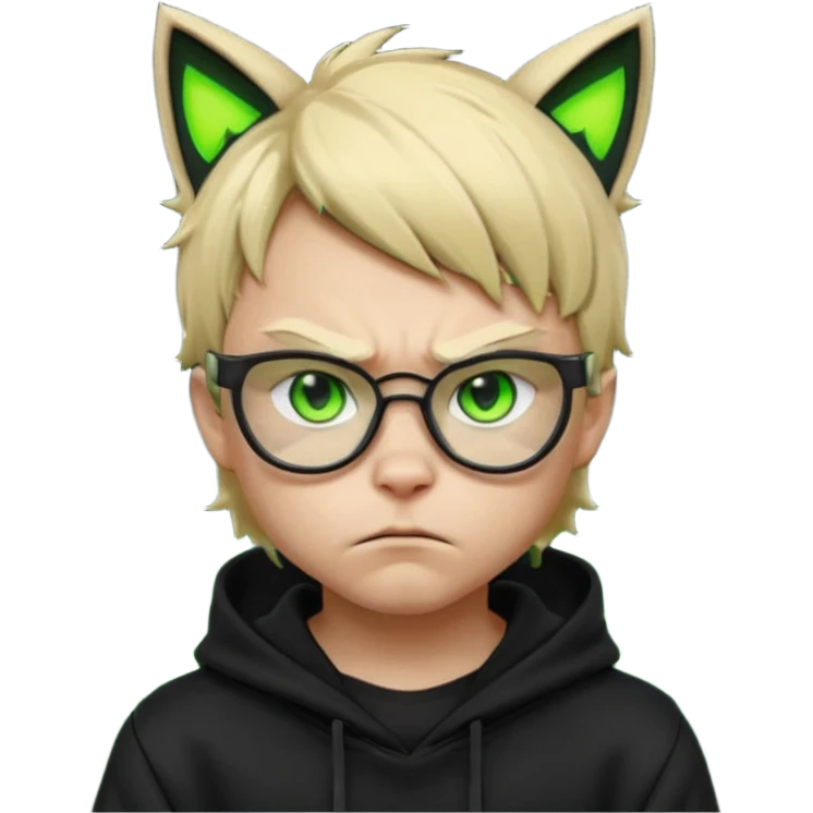 A blond hacker boy with black glasses and a black hoodie with neon green cat ears, cyberpunk style, angry expression, intense glowing green eyes, dark dramatic lighting emoji