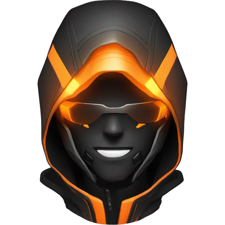  developer behind his laptop with this style : crysis Cyberpunk Valorant orange glowing bright orange character orange black hooded assassin themed character emoji