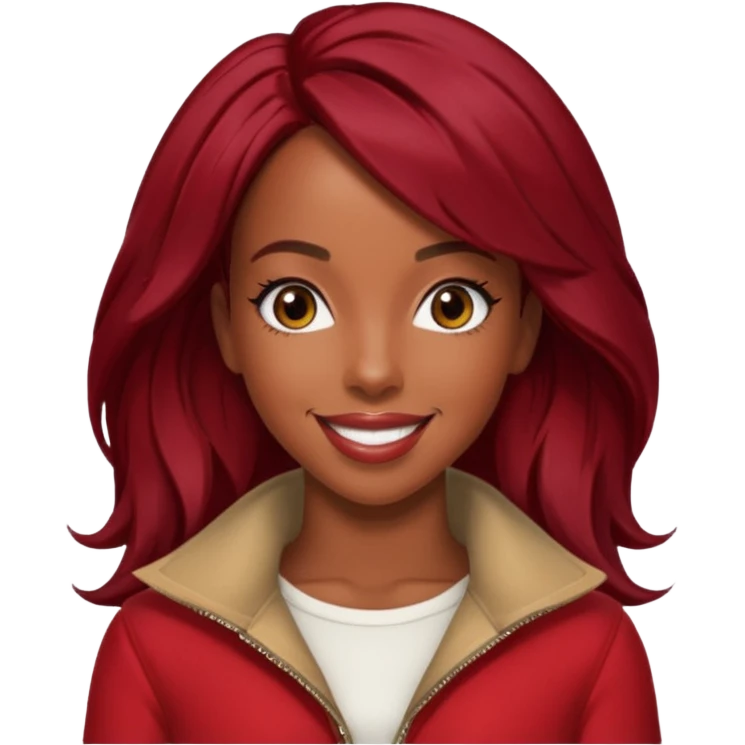 Kelly Rowland, dark red hair, red outfit emoji