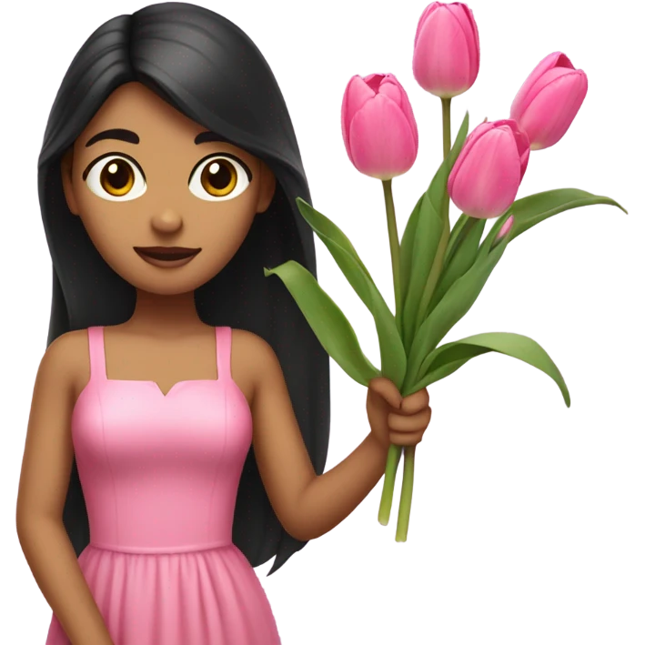 Long black hair Girl with bans holding a branch of tulip,wearing pink dress emoji