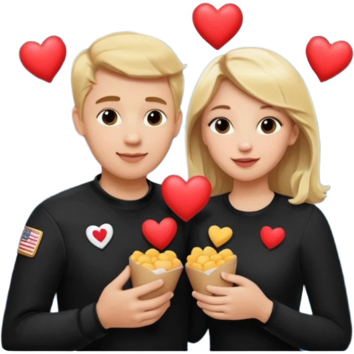 Couple with blonde hair wearing black eating chick filet hearts and outer space in the background. 
 emoji